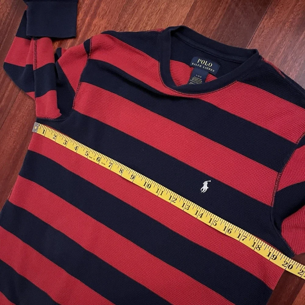 Polo Ralph Lauren Waffle Knit Thermal Shirt Mens Large Red Navy Blue Striped L - Picture 8 of 10